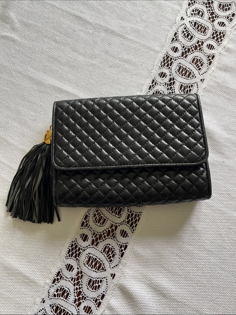 Vintage Ganson San Francisco Leather Handbag Black Quilted With Tassel